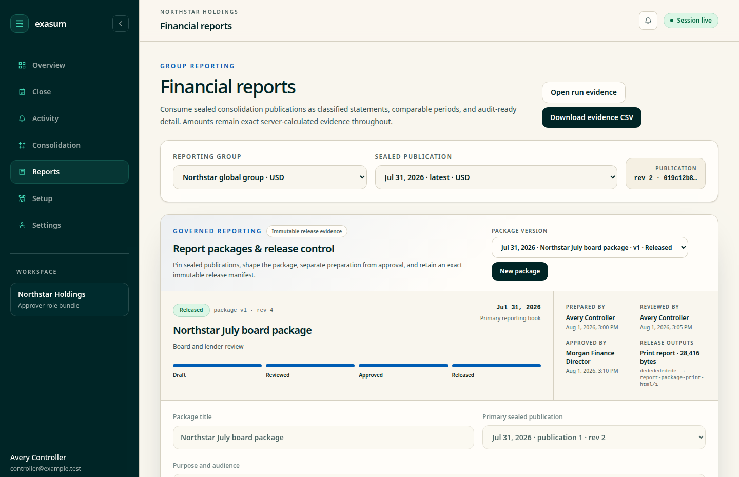 Exasum financial reports workspace showing a sealed publication and released report package